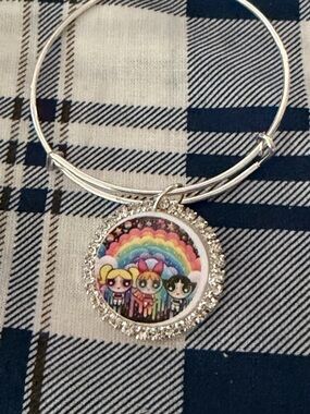 Silver-tone Powerpuff Girls Rainbow Charm Bangle Bracelet